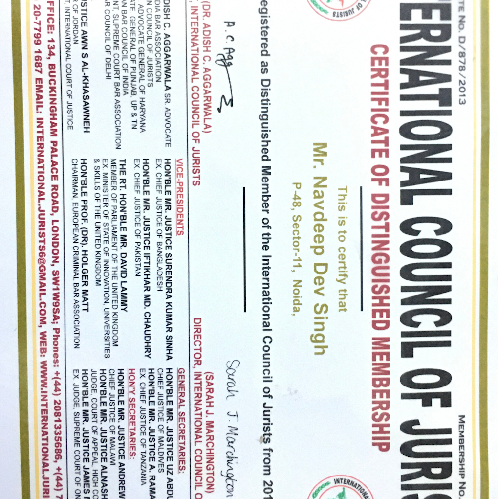 Credential certificate associated with Advocate Navdeep Dev Singh